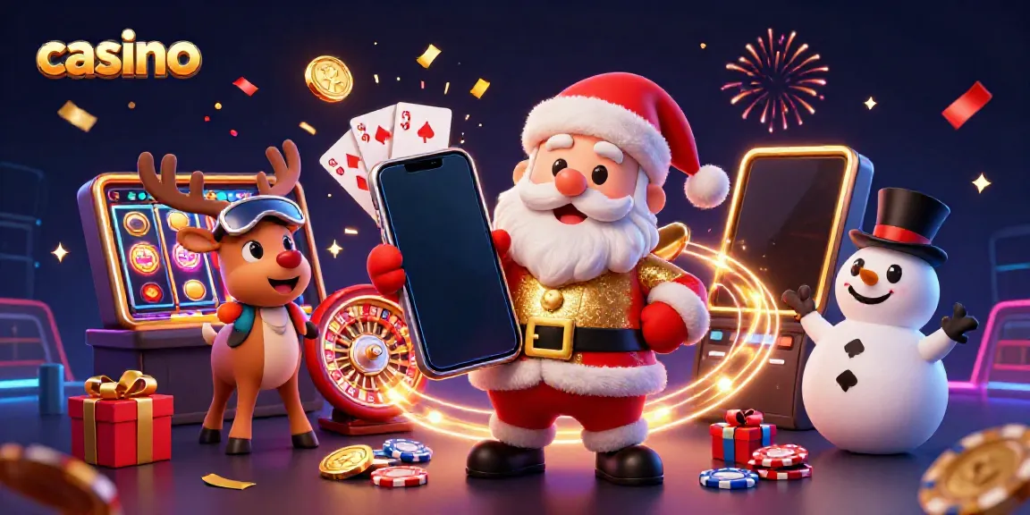 Engage in casino fun with Santa Claus, reindeer dealer, and poker chip snowman celebrating a jackpot