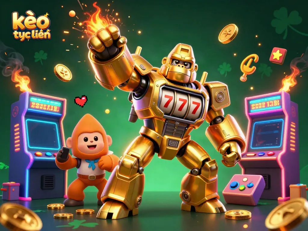 Experience kèo trực tuyến excitement with a golden gorilla mech and arcade elements bursting with casino energy.