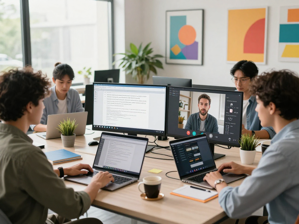 ToDesk enhances remote collaboration with a dynamic team interacting through video conferencing in a modern workspace.