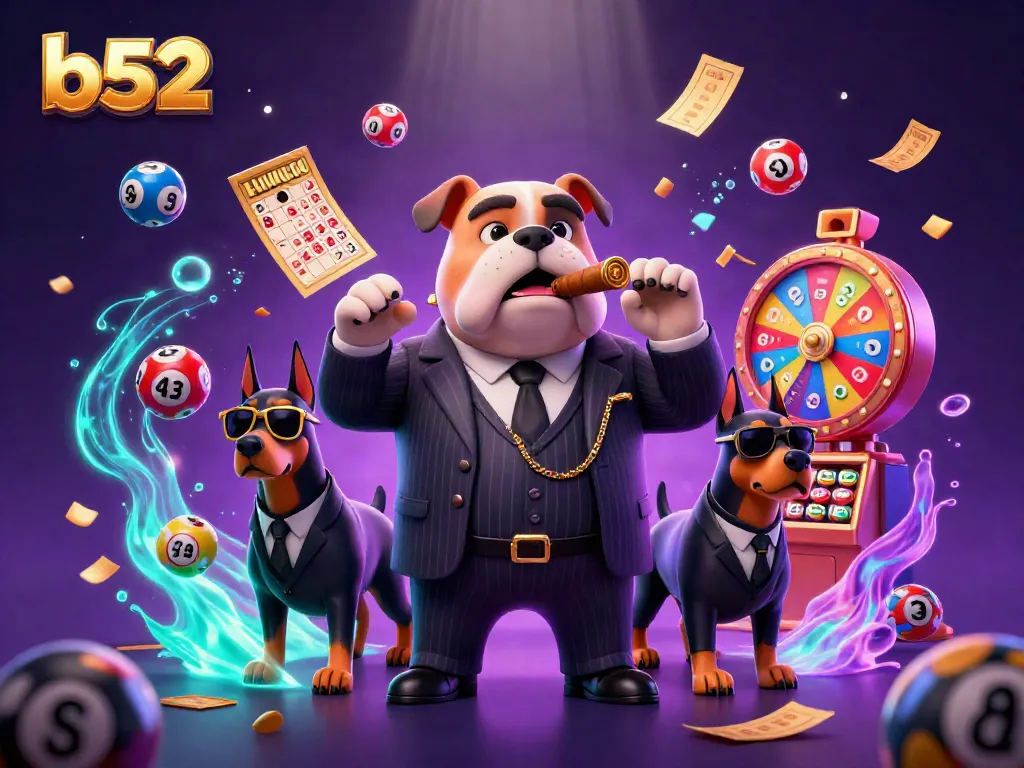 Experience the excitement of B52 gaming with vivid scenes of lottery balls and vibrant prizes.