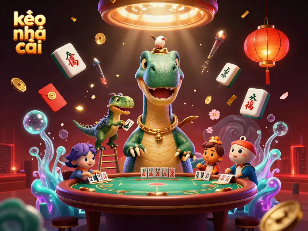Experience kèo nhà cái with a playful scene of a giant brontosaurus overseeing a lively casino card game.