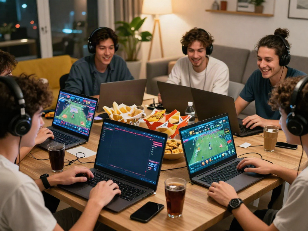 Excited players enjoying de bet online gaming experience in a lively living room environment.
