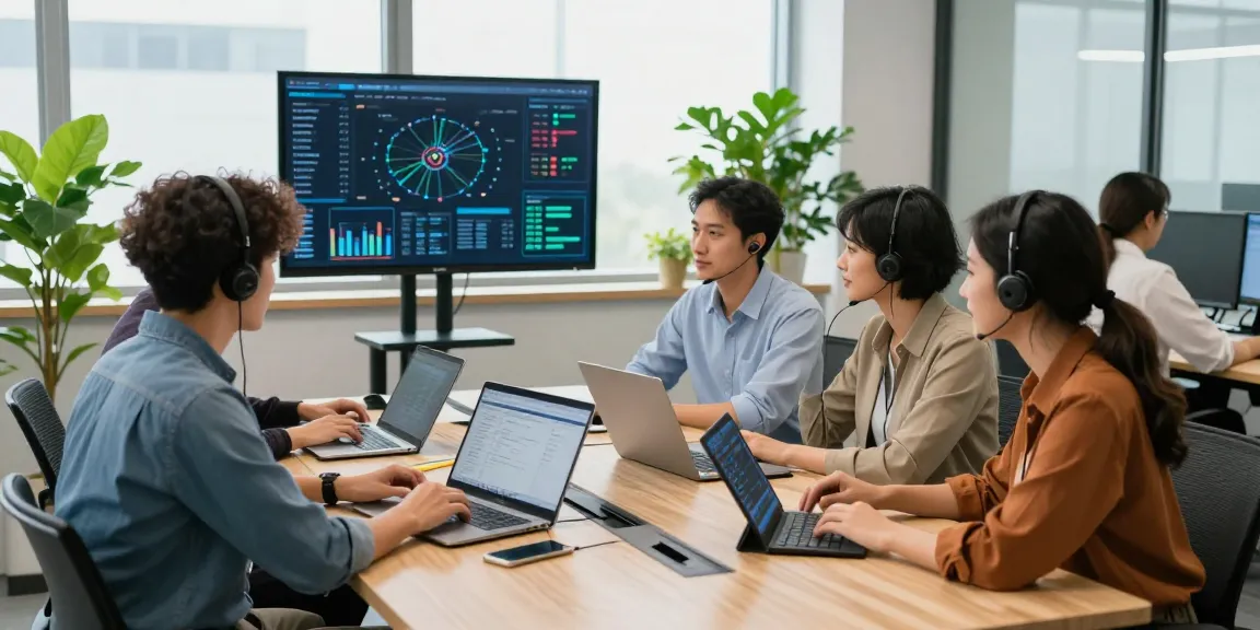 Team collaboration in IT support business setting with laptops and dashboards.