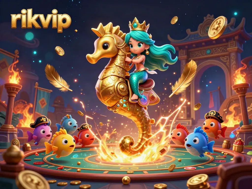 Engage with the vibrant world of rikvip while the mermaid princess and seahorse navigate a treasure-laden gaming arena.