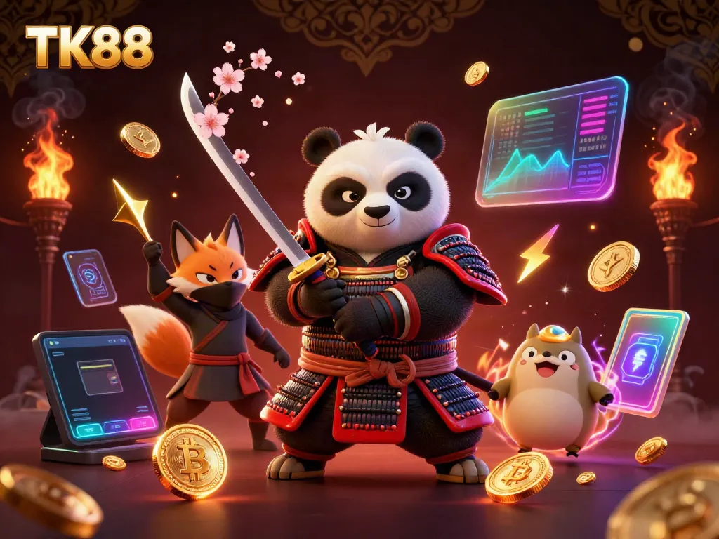 Bet on winning strategies with TK88 as dynamic characters and crypto elements fill the casino scene.