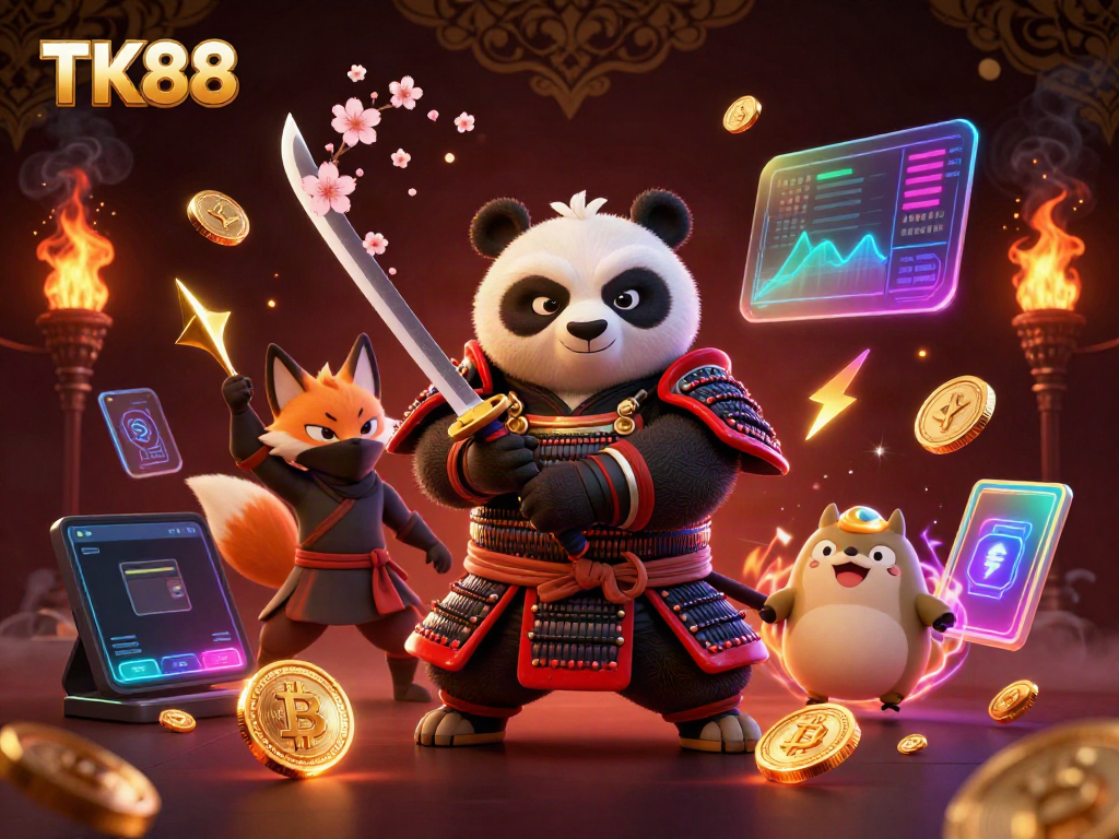Bet on winning strategies with TK88 as dynamic characters and crypto elements fill the casino scene.