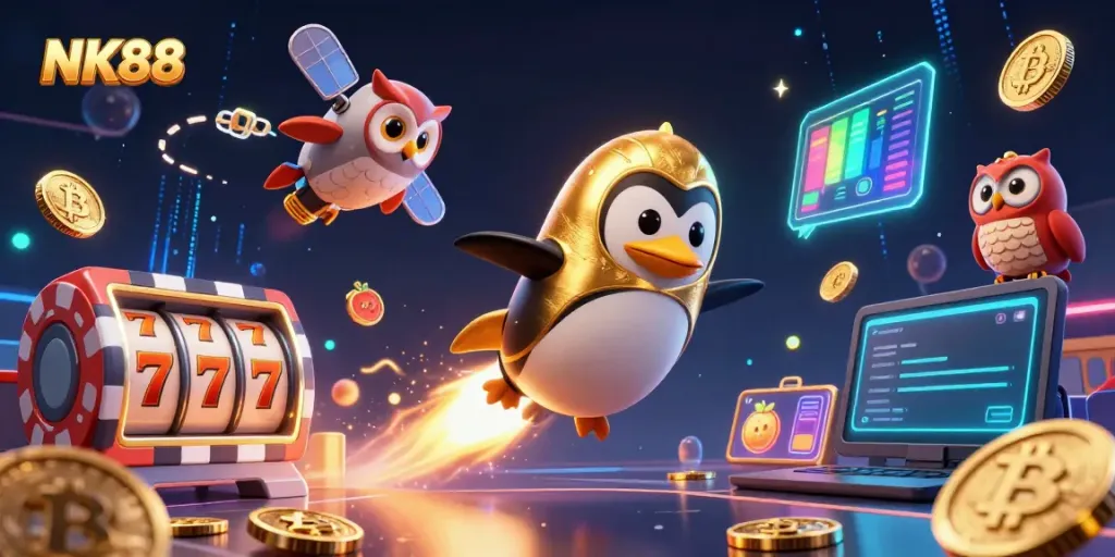 Engage in thrilling NK88 casino adventures with a golden penguin and dynamic gaming elements.
