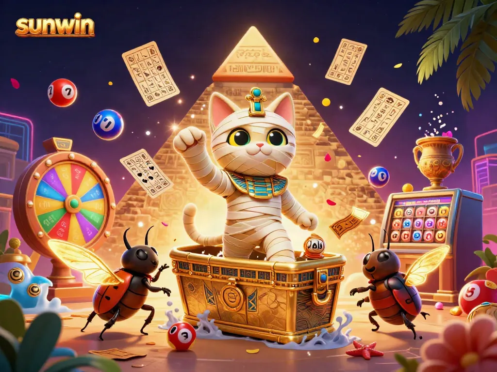 Play exciting casino games with sunwin, exploring vibrant lottery balls and golden treasures in a lively scene.