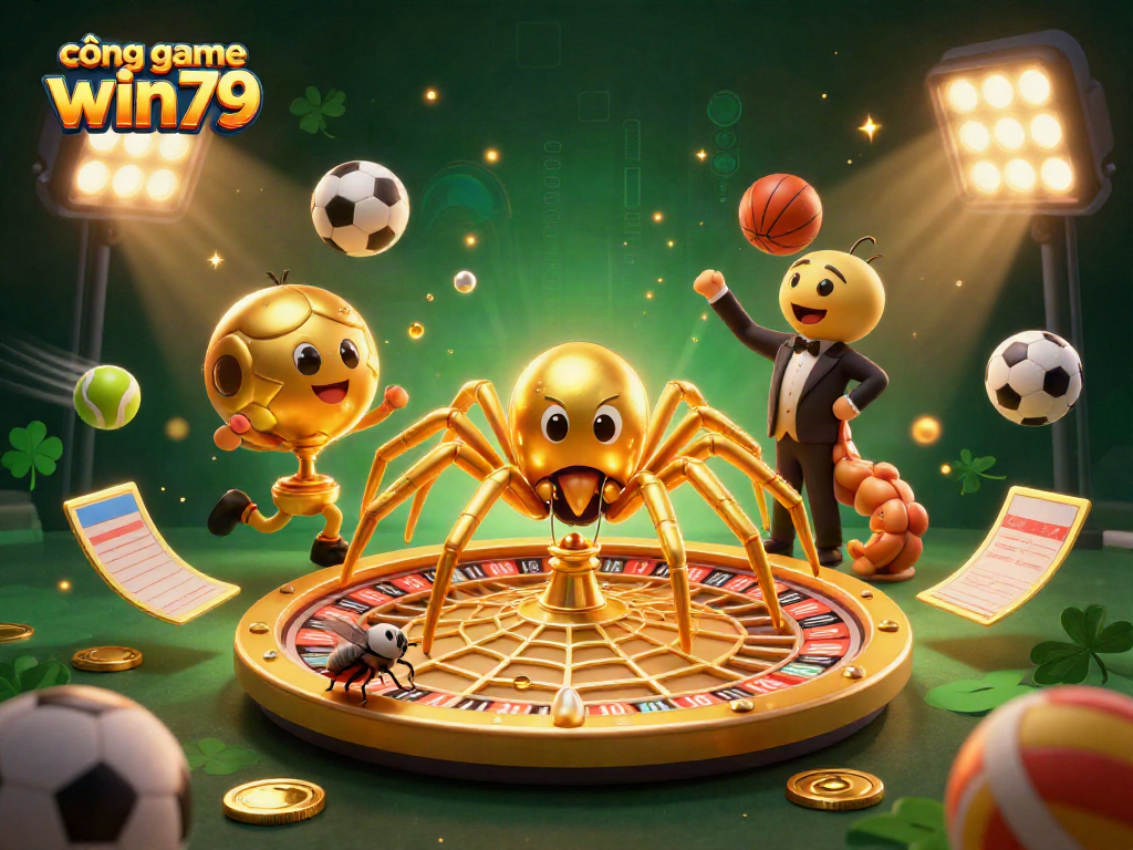 Experience the thrill at cổng game win79 with a vibrant casino scene featuring animated characters and dynamic sports elements.