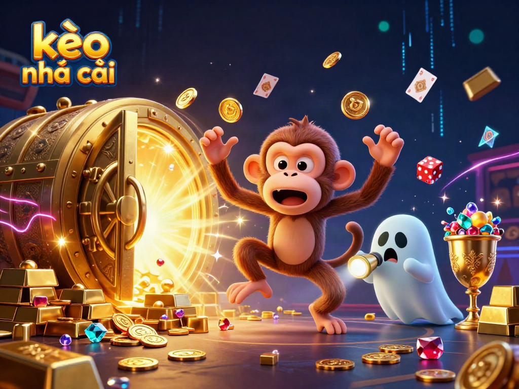 Kèo nhà cái illustration with a playful poltergeist monkey juggling gold in a haunted casino scene.
