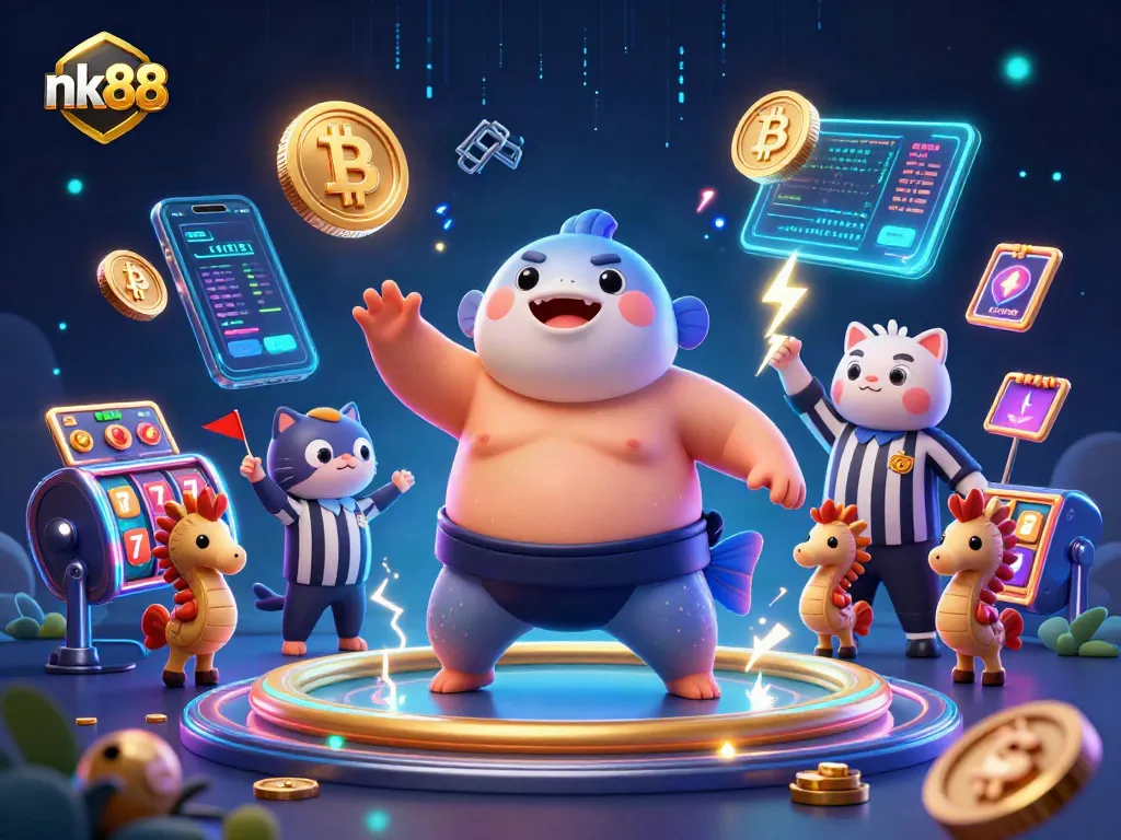 Engage with nk88 in this vibrant casino scene featuring a spirited underwater gambling extravaganza.