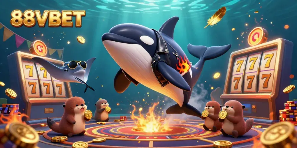 A 3D cartoon scene showcasing the excitement of 88VBET with characters celebrating, surrounded by slot reels and golden tokens for casino action.