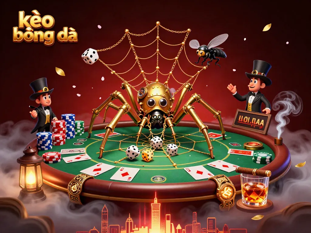 Engage in thrilling kèo bóng đá action with a golden spider caught in a web of fortune at a vibrant poker table.