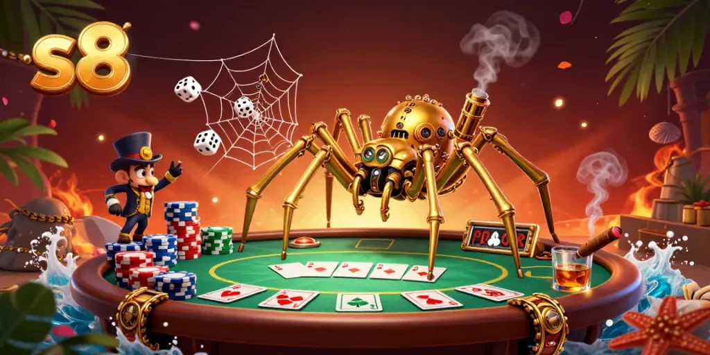 Catch the excitement at s8 with this vibrant 3D casino scene showcasing a steampunk spider and an amused gentleman.