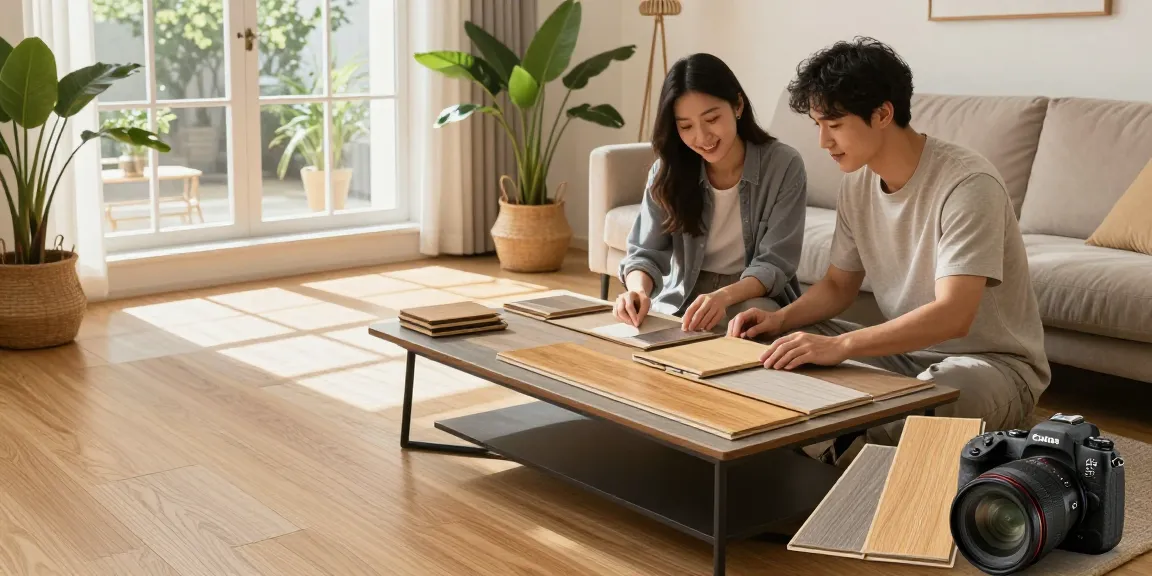 Couple examining high quality flooring choices with laminate and engineered wood samples in a bright living room.