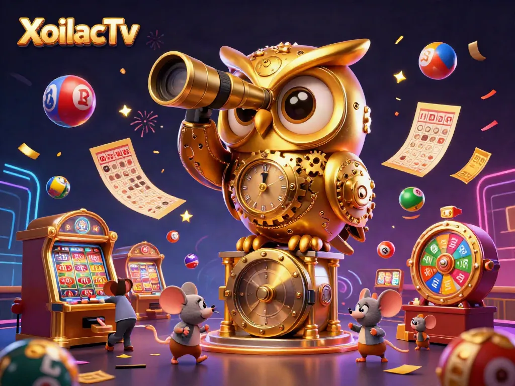 XoilacTv showcases a vibrant cartoon scene with a golden owl and playful mice exploring a lively casino floor, filled with dynamic elements.