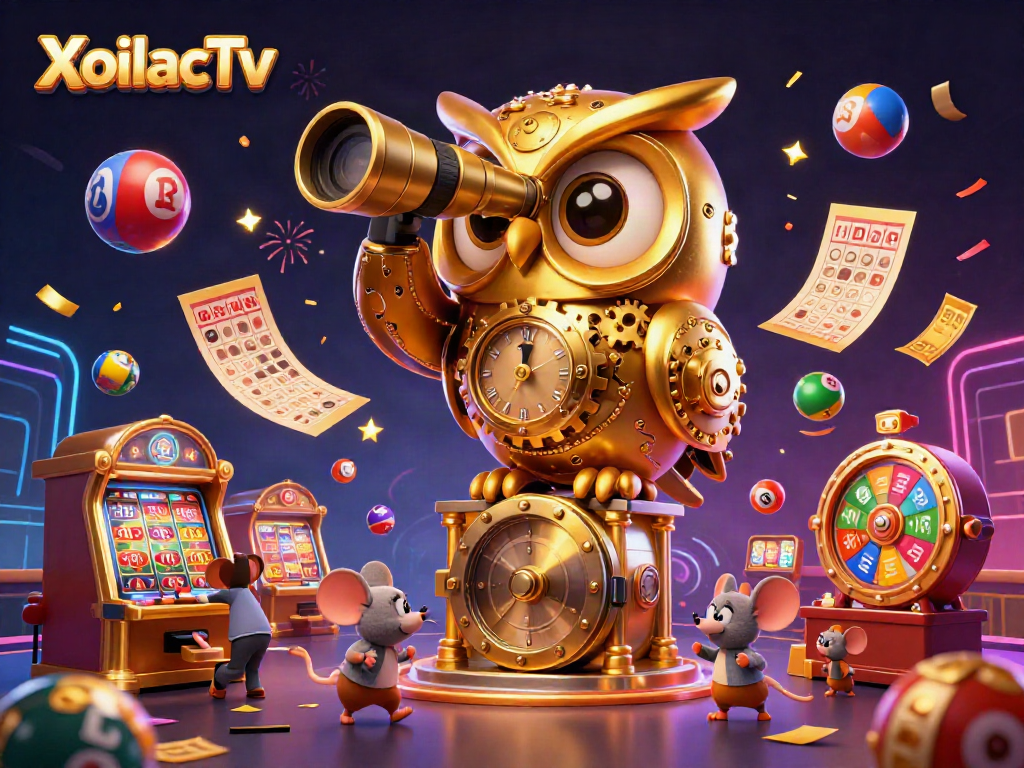 XoilacTv showcases a vibrant cartoon scene with a golden owl and playful mice exploring a lively casino floor, filled with dynamic elements.