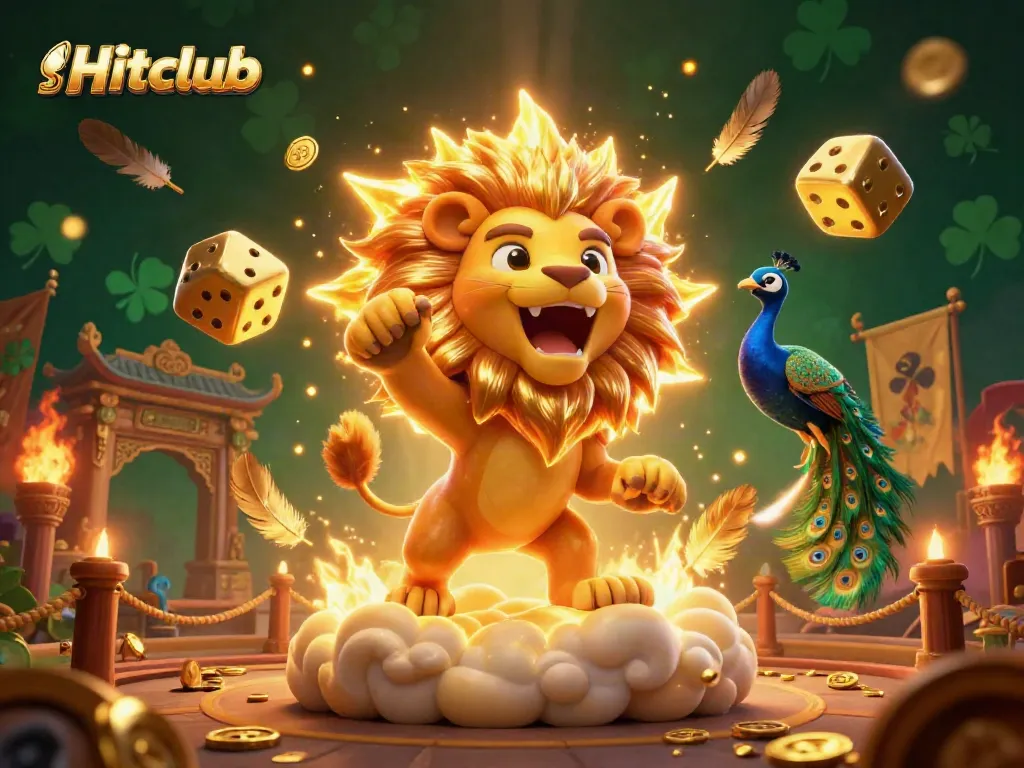 Engage with Hitclub's thrilling casino adventure featuring a roaring lion and golden dice.
