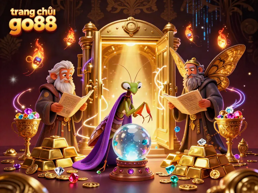 Engaging casino scene with trang chủ go88 characters, emphasizing fortune teller and jewel-filled treasures.