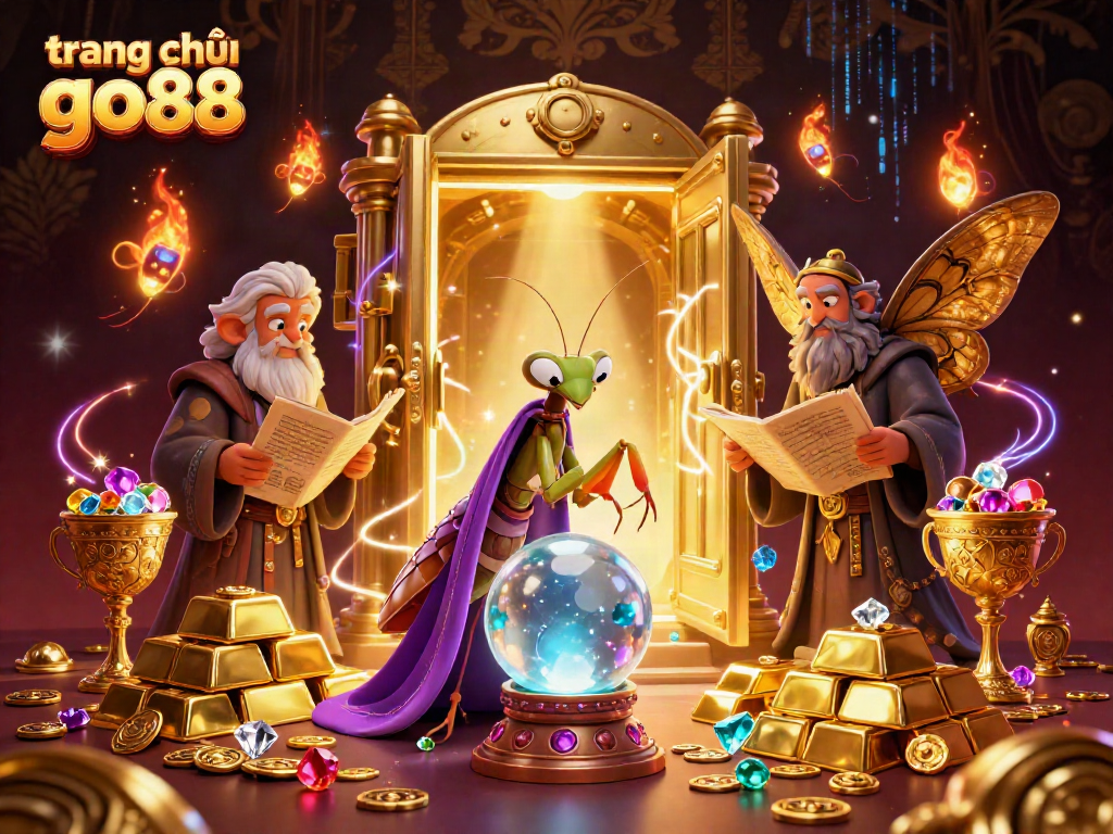 Engaging casino scene with trang chủ go88 characters, emphasizing fortune teller and jewel-filled treasures.