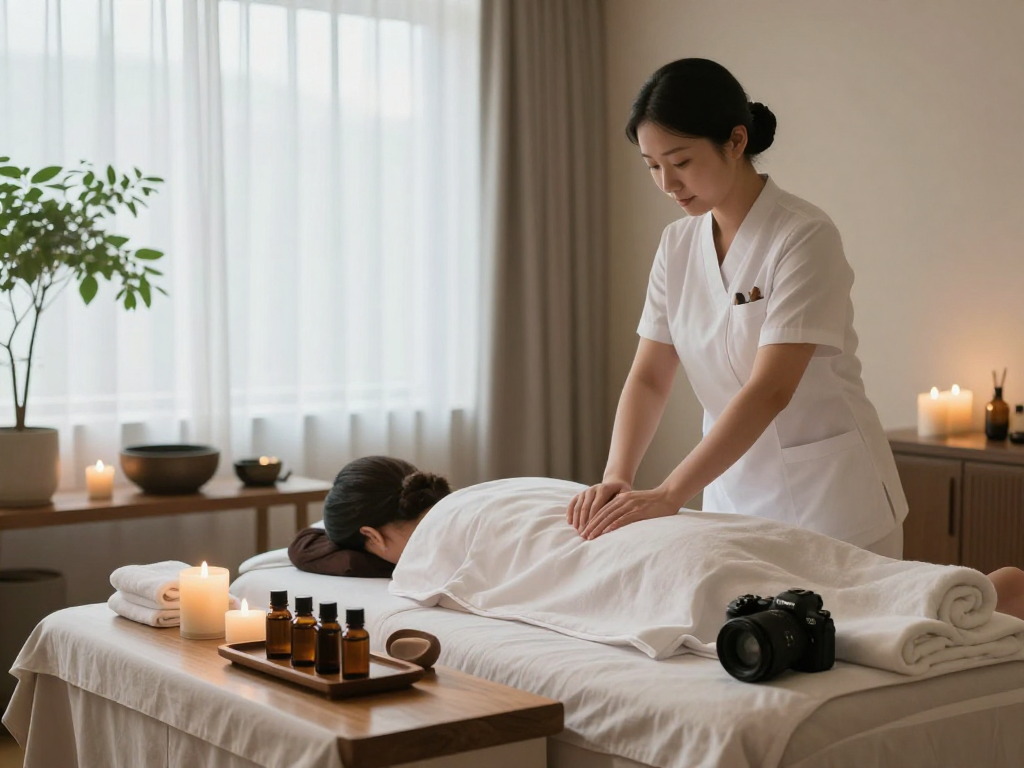 Relaxing 송도출장마사지 in a tranquil spa room with soft lighting and soothing decor.
