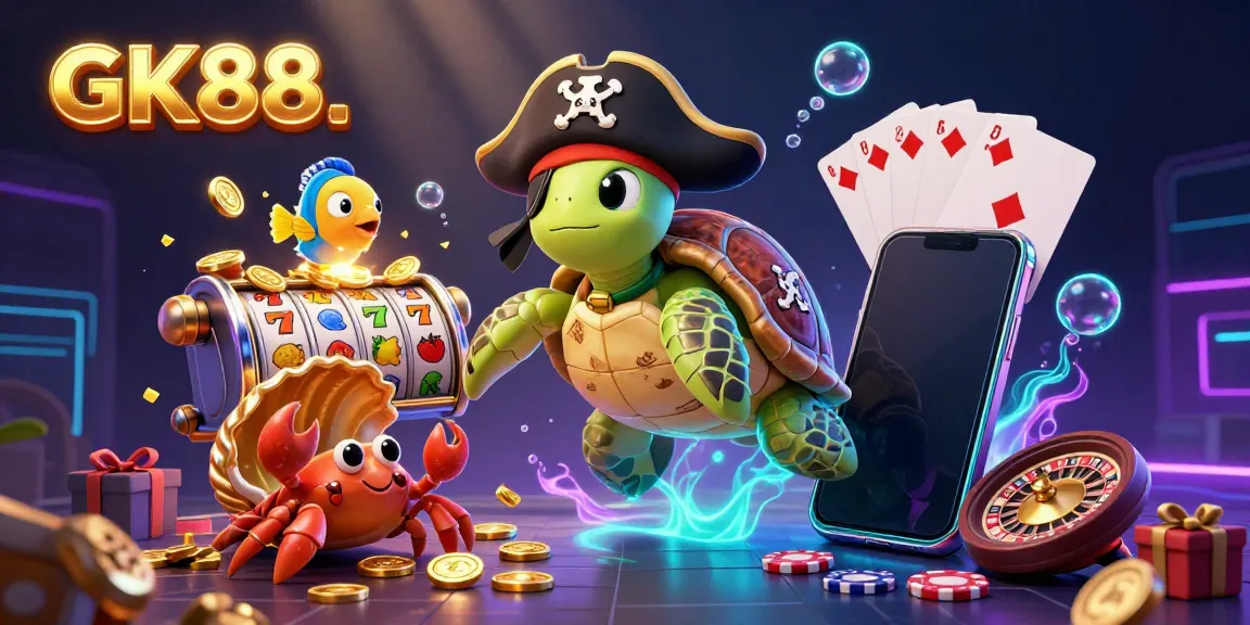 Engage in thrilling GK88 casino adventures with a rich underwater treasure scene featuring vibrant slot reels and animated characters.