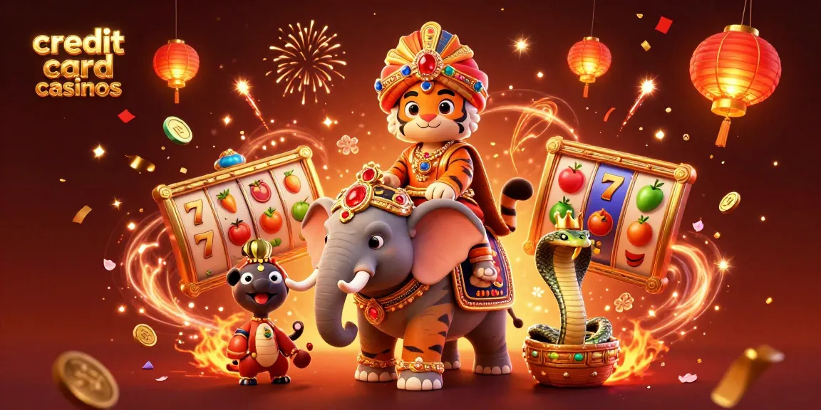 Experience the excitement of credit card casinos with an extravagant 3D illustration of a maharaja tiger at a vibrant casino.