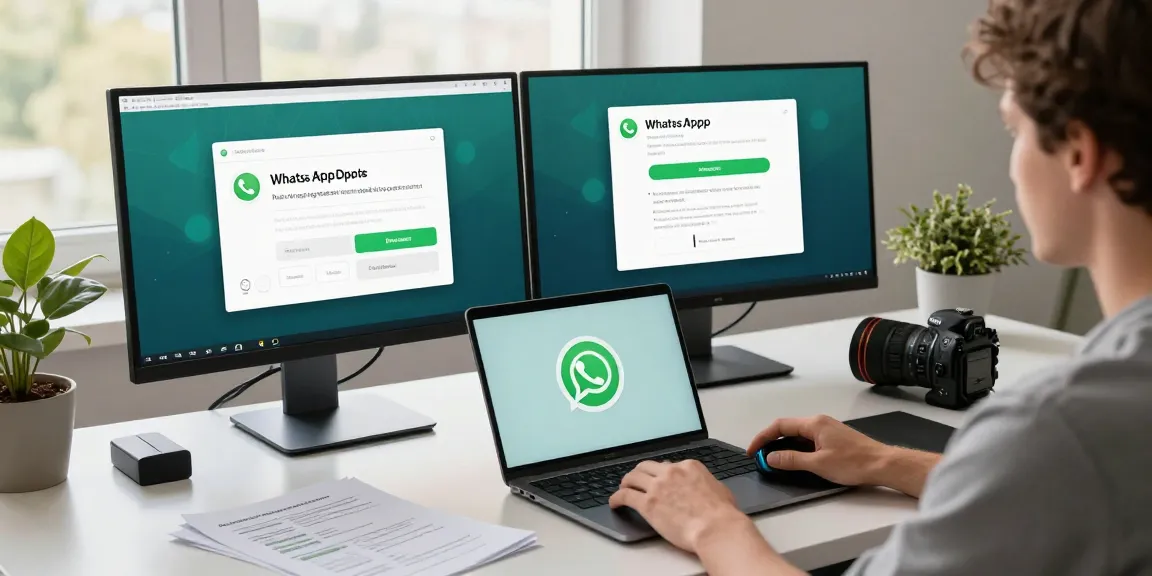 WhatsApp下載 in a modern workspace with dual monitors and a smartphone showing the app.