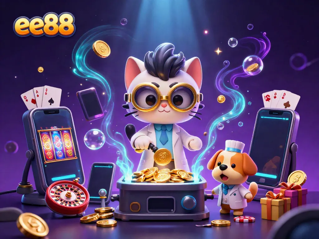 Experience the thrill of ee88 with a mad scientist cat and loyal dog in a vibrant casino lab.