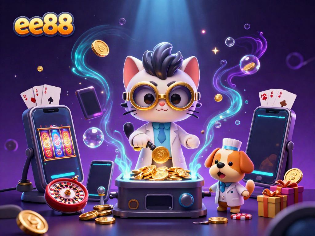 Experience the thrill of ee88 with a mad scientist cat and loyal dog in a vibrant casino lab.