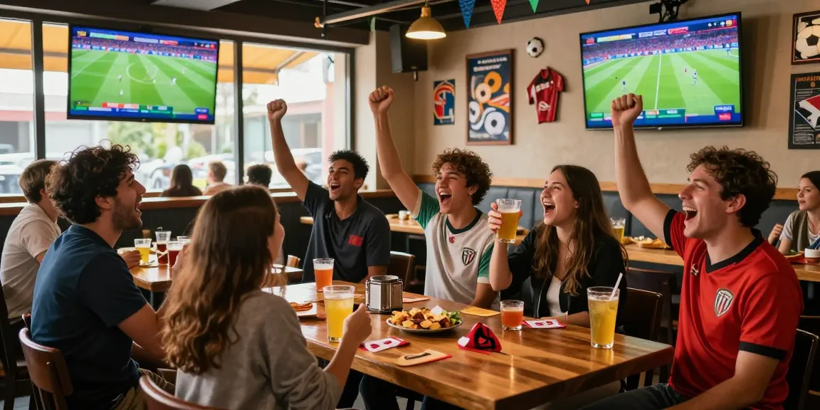 Friends enjoying live football with Thapcamtv at a vibrant sports bar.