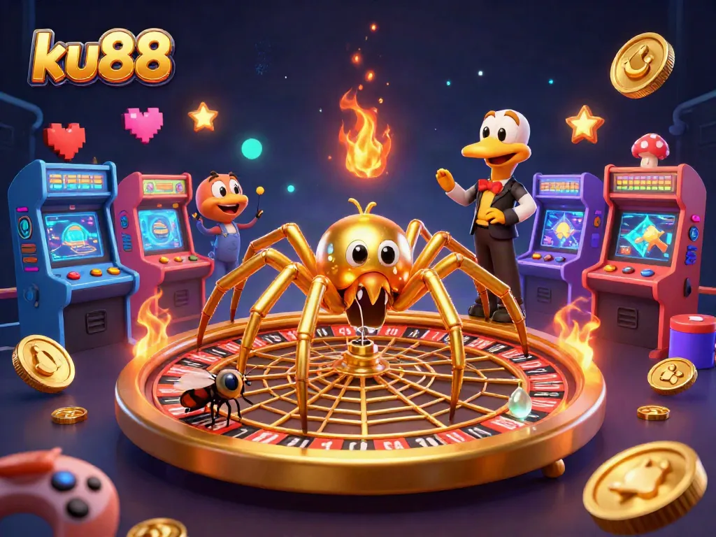 ku88 offers thrilling bets alongside a golden spider spinning a roulette wheel web in a vibrant casino scene.