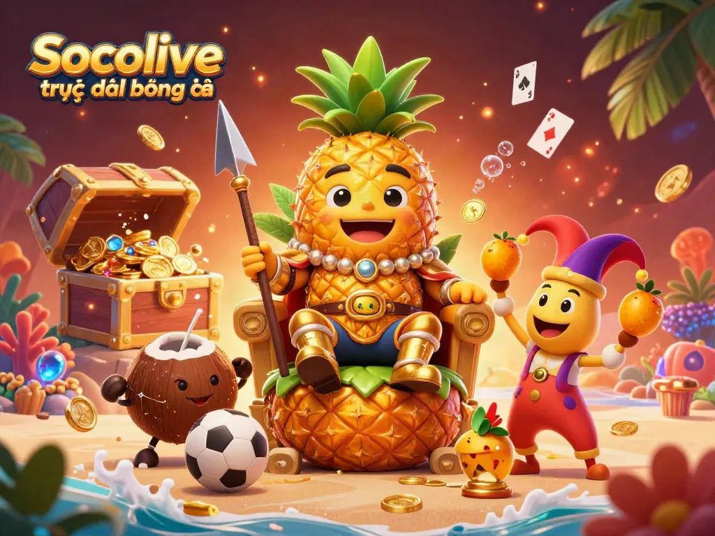 Socolive trực tiếp bóng đá showcases a vivid scene with a pineapple king and sports-themed elements, ensuring dynamic engagement.