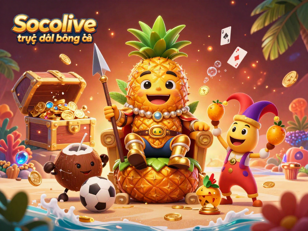 Socolive trực tiếp bóng đá showcases a vivid scene with a pineapple king and sports-themed elements, ensuring dynamic engagement.