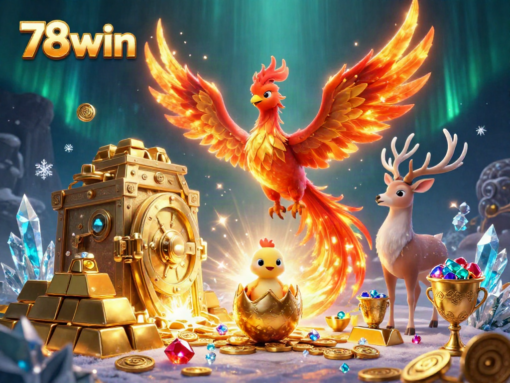 Experience the thrilling 78win universe with vibrant, lucky phoenixes among treasures in this dynamic casino illustration.