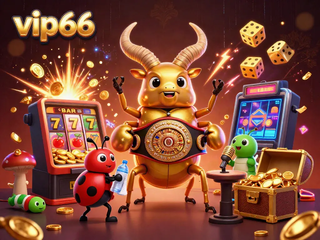 Join the lively action at vip66 with a golden stag beetle champion and supporting characters amidst a jackpot explosion!