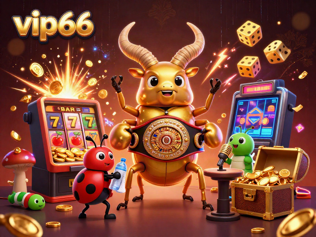 Join the lively action at vip66 with a golden stag beetle champion and supporting characters amidst a jackpot explosion!