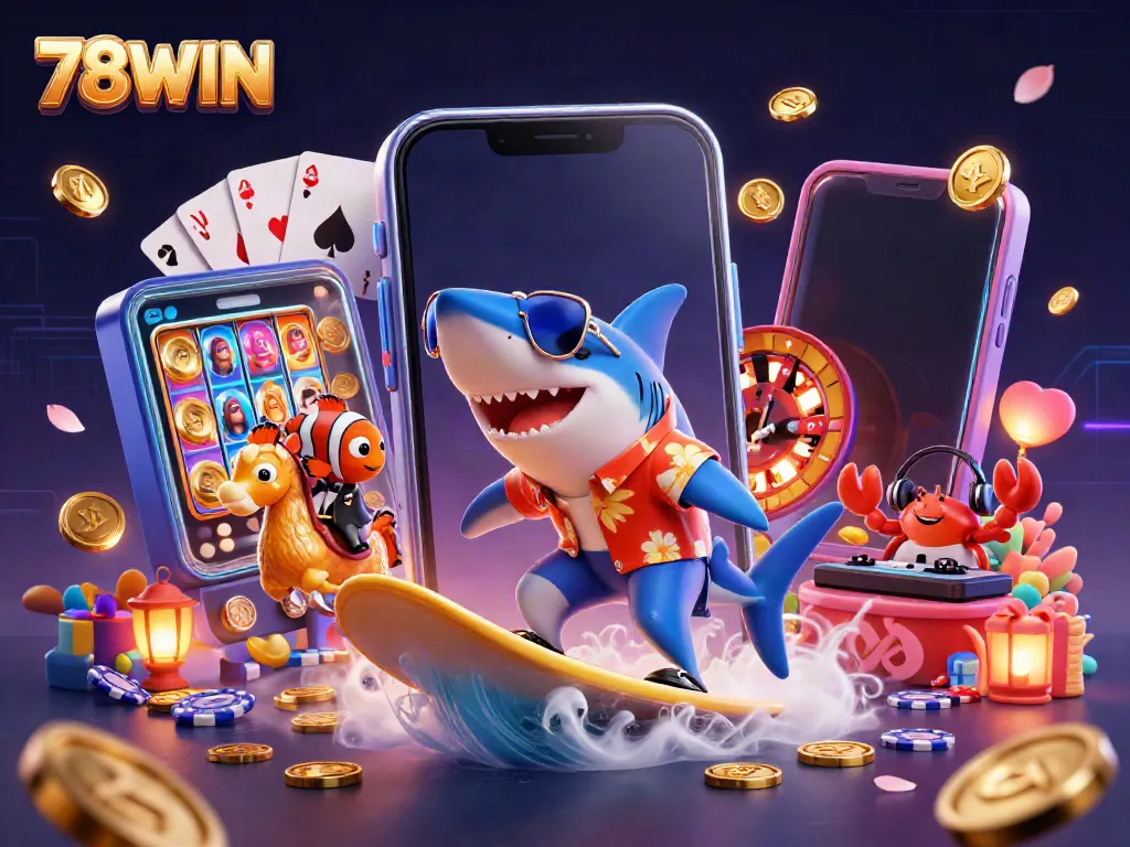 Embark on an adventure with 78WIN's spirited shark and friends surfing on gold coins amid a vibrant casino scene.