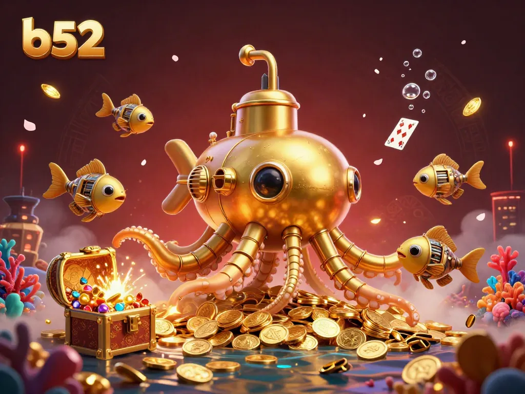 B52 players enjoy an underwater adventure with the golden kraken amid floating cards and treasure.
