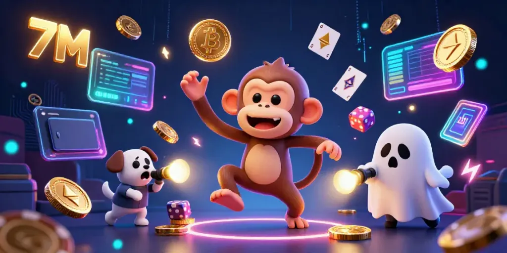7M showcases a lively 3D scene with a mischievous poltergeist monkey and a curious puppy tracking action amidst ghostly casino elements.