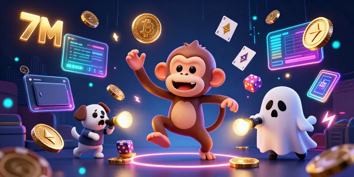 7M showcases a lively 3D scene with a mischievous poltergeist monkey and a curious puppy tracking action amidst ghostly casino elements.