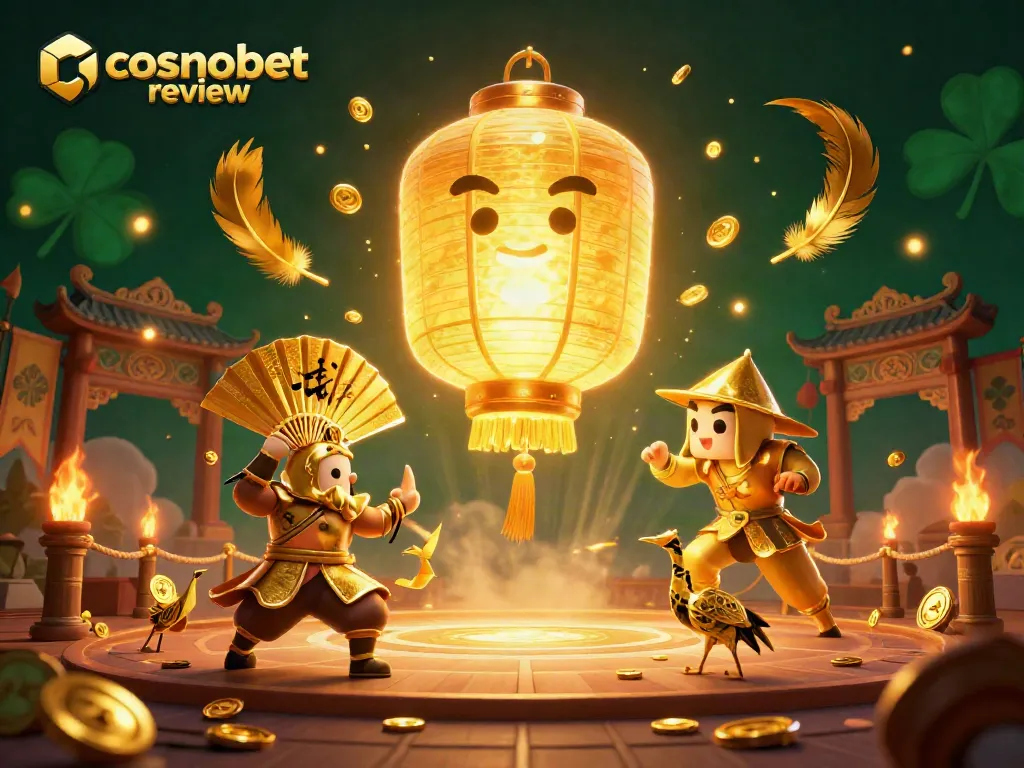 Engage in the cosmobet review showcasing vibrant casino elements with golden spirit and warriors.