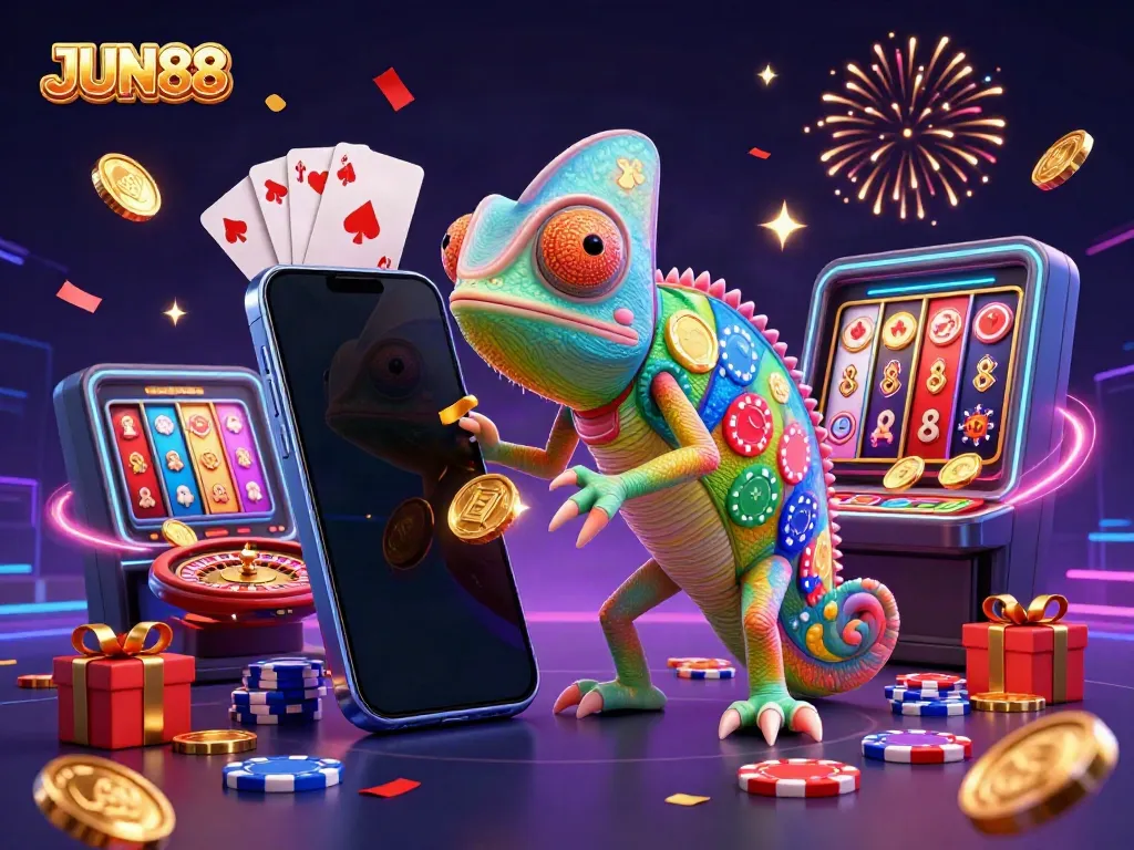 Experience the vibrant JUN88 casino with a colorful chameleon owner and dynamic gaming elements.