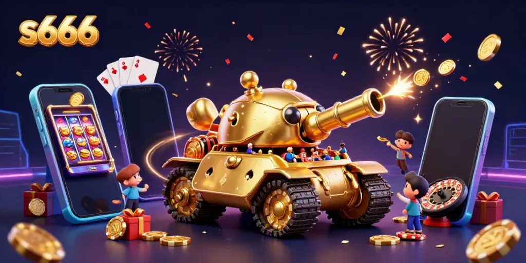 Experience thrilling gaming with s666 in this lively casino-themed illustration featuring a golden beetle tank.