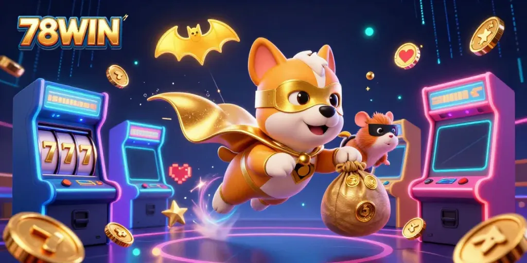 Experience the excitement of 78WIN with flying cartoon characters, gold coins, and vibrant casino elements in a dynamic scene.