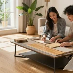 Couple examining high quality flooring choices with laminate and engineered wood samples in a bright living room.